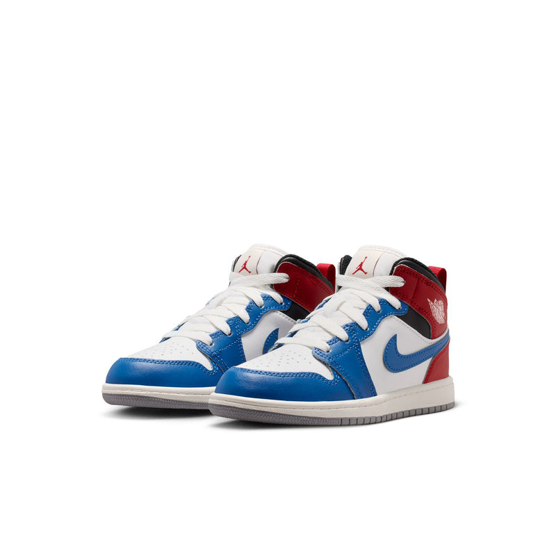 Kids AJ 1 mid-top sneakers, pair view, white with blue panels and red accents