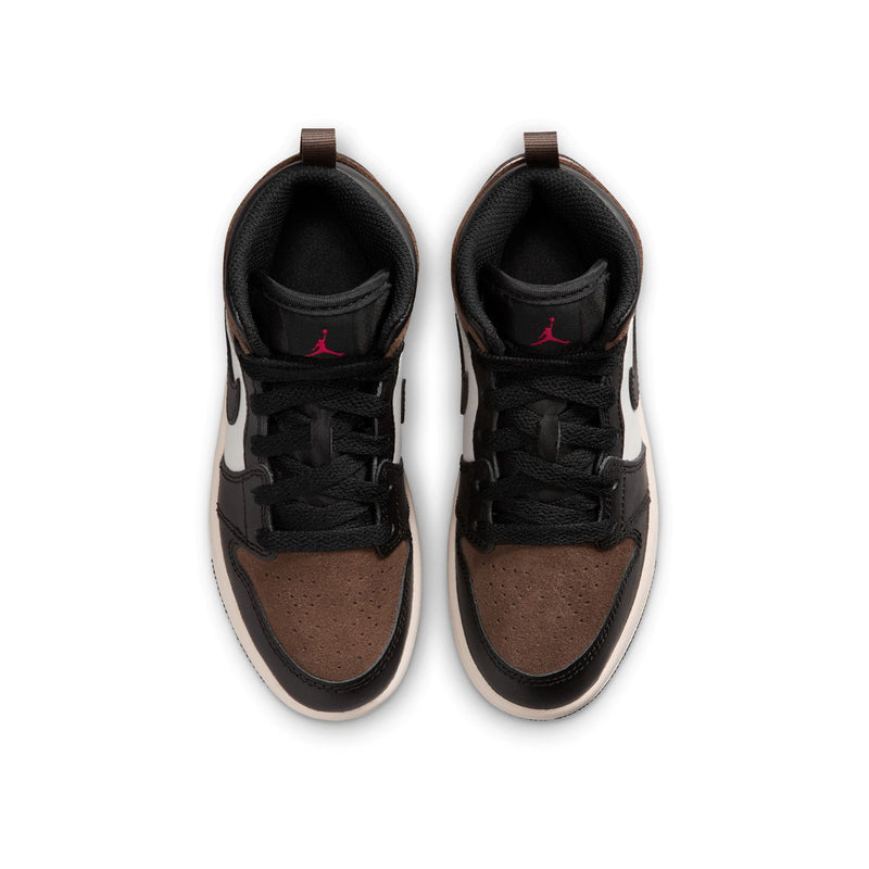 Kids mid-top sneakers with black laces, brown toe panels, and white midsole