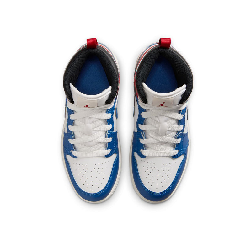 Kids AJ 1 mid-top sneakers showing white laces and blue inner lining with red tabs