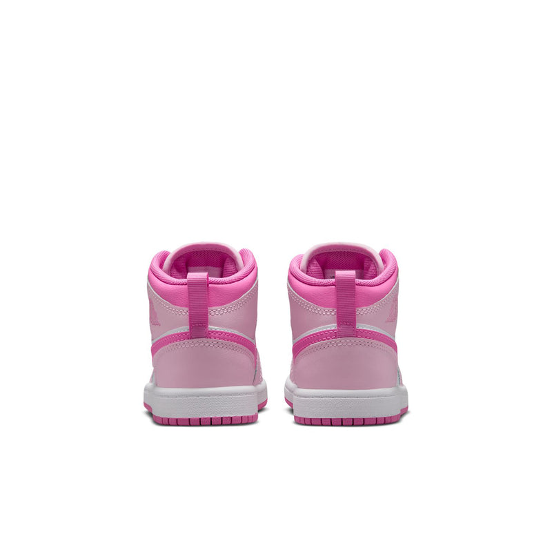 Kids' mid-top sneakers heel view, pink collar and white midsole
