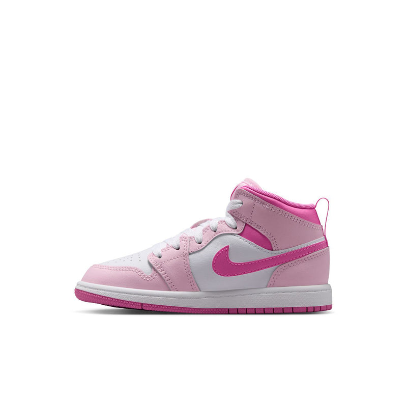 Kids' mid-top sneakers side view, white uppers with pink panel and swoosh