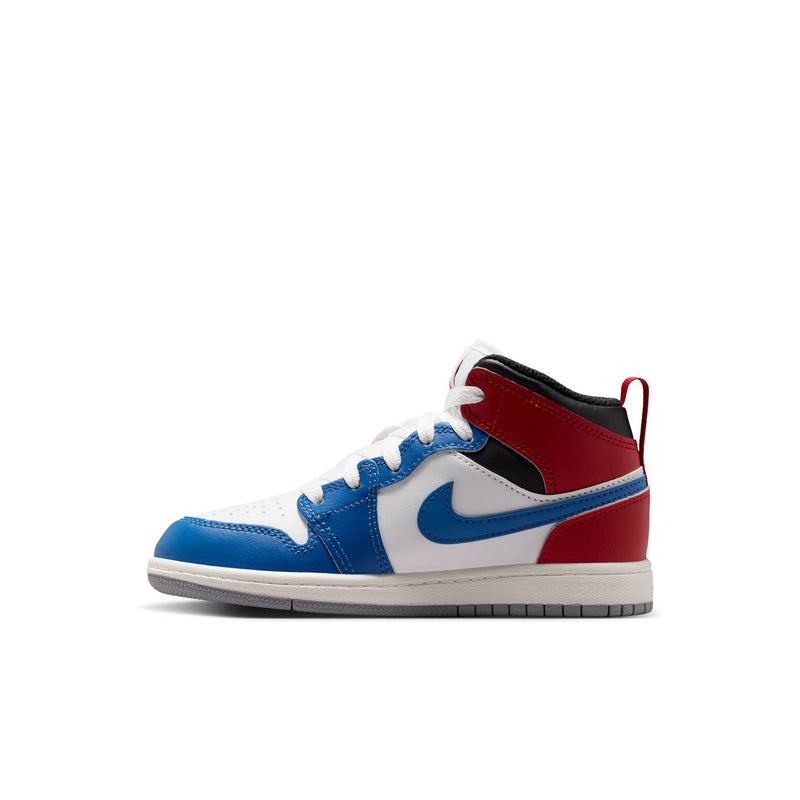Kids AJ 1 mid-top sneakers with blue swoosh, white panels, red and black ankle