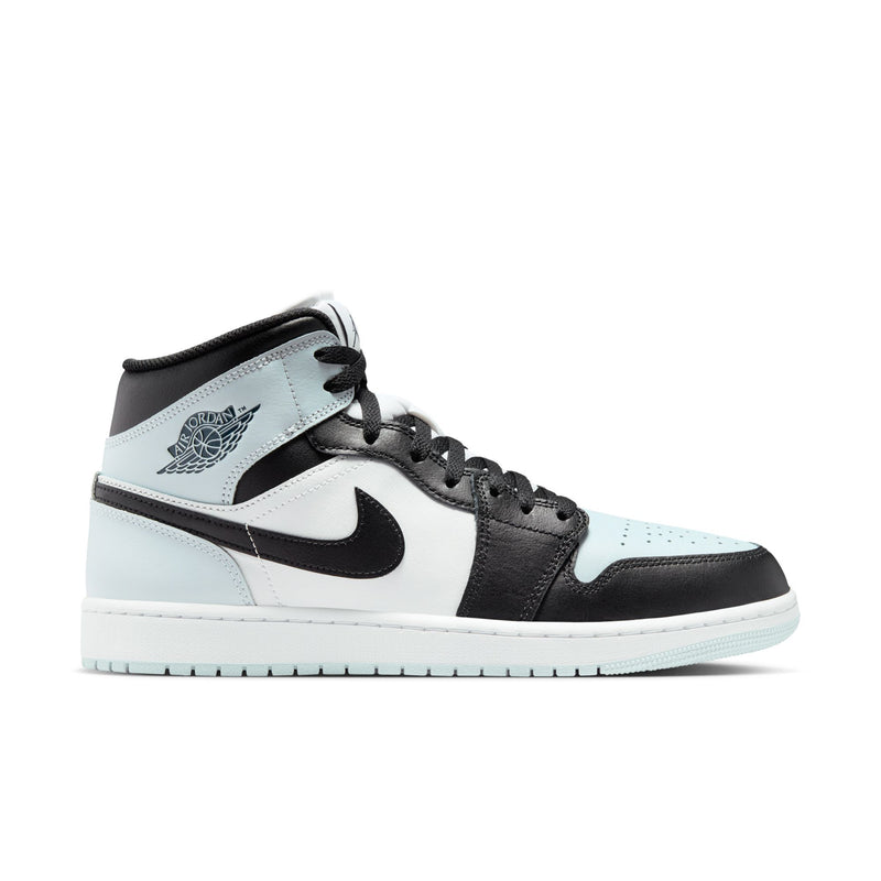 Black, light blue, and white mid-top sneakers with lace-up closure and Swoosh logo