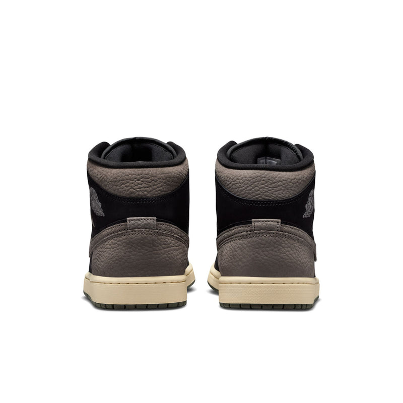 Black and olive grey mid-top sneakers with padded ankle collar and beige heel trim.