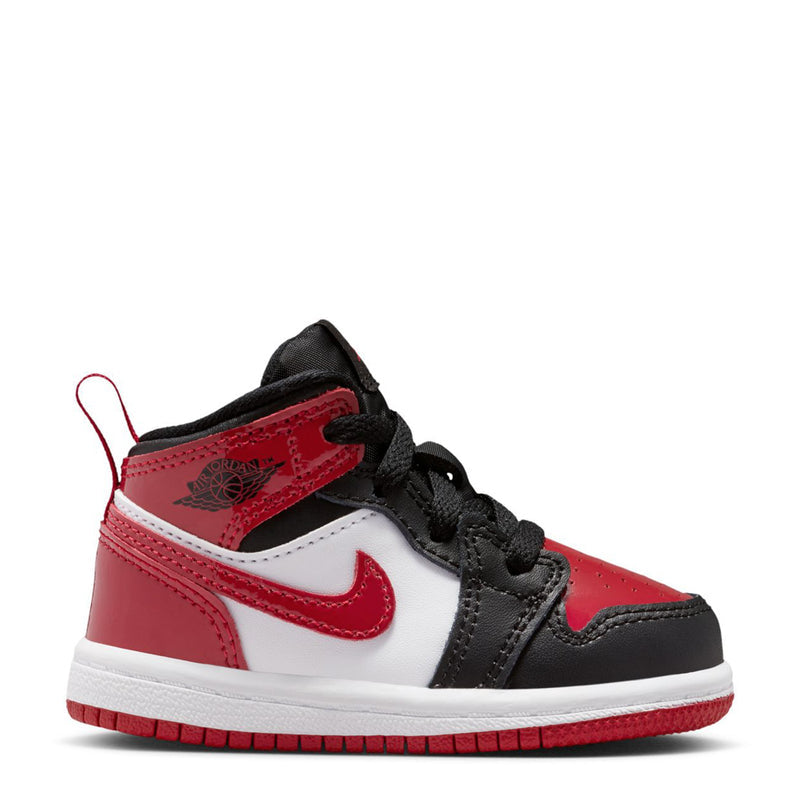 Toddler mid-top sneakers, black with red and white panels, lace-up with red Swoosh