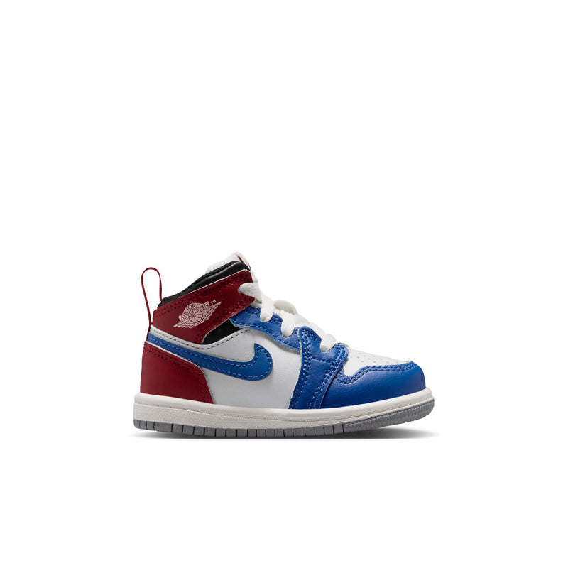 Kids' mid-top sneakers in blue, white, red and black with Nike swoosh