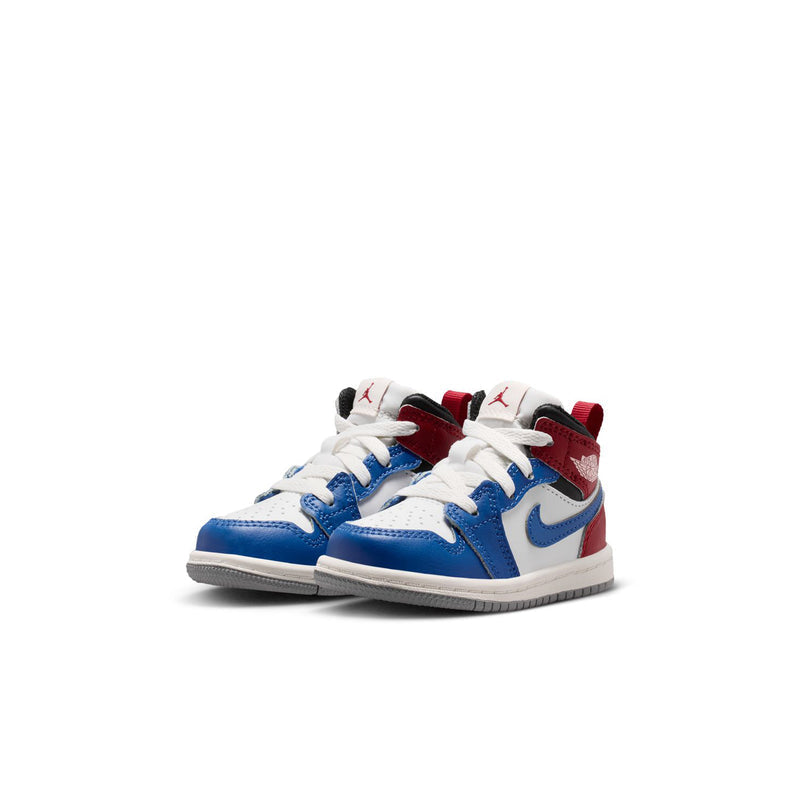 Kids' mid-top sneakers pair in blue and white with red accents and black collar