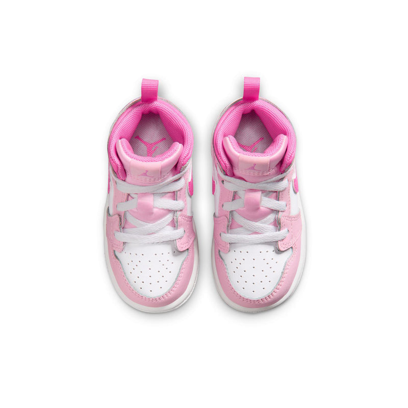 Pink and white toddler lace-up sneakers, front view with padded tongue and collar