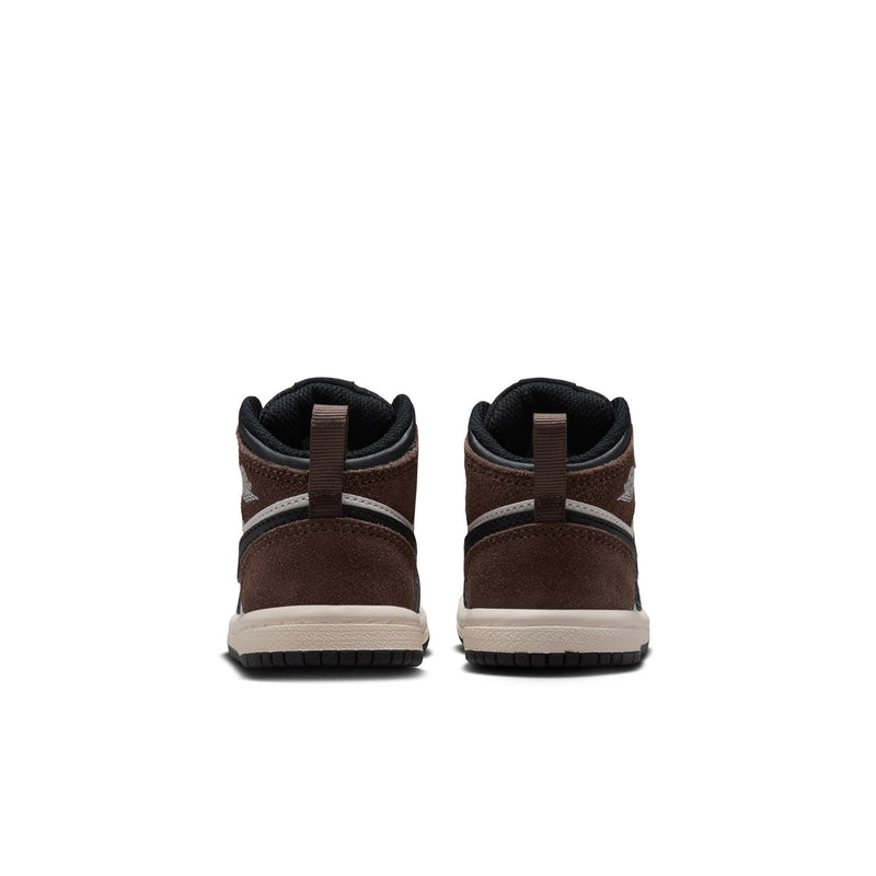 Toddler mid-top sneakers rear view, black and brown uppers with white sole