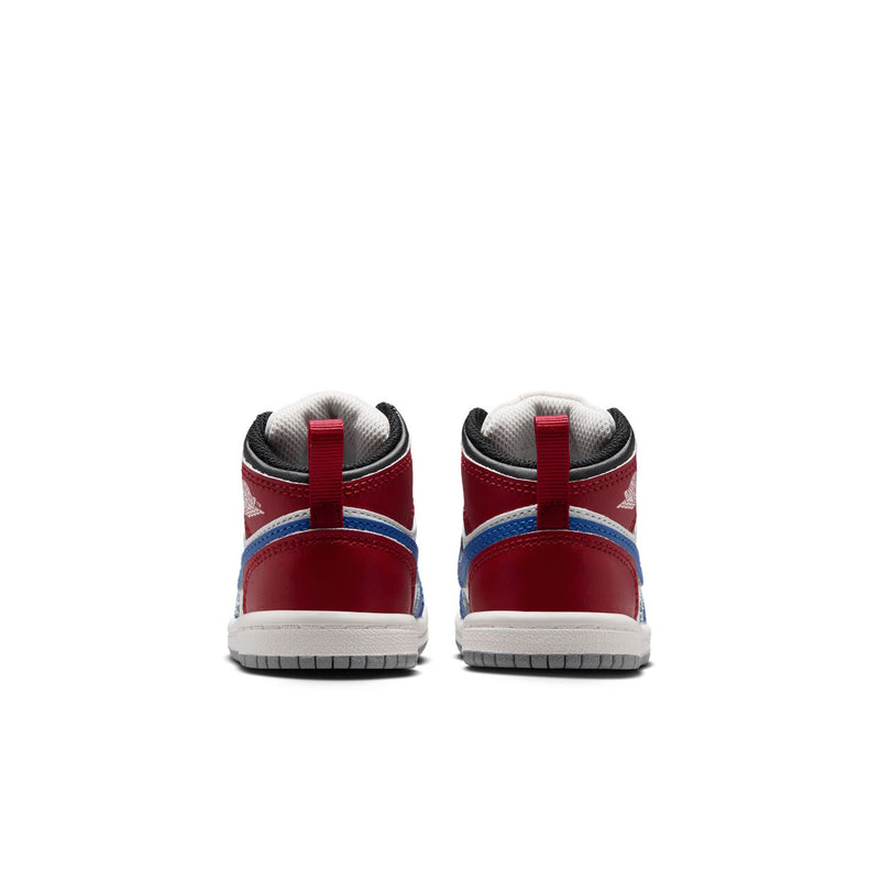 Kids' sneakers heel view in red and blue with black lining and white midsole