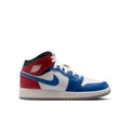 Youth Air Jordan 1 Mid sneakers, white blue red colorblock with black collar, lace-up.