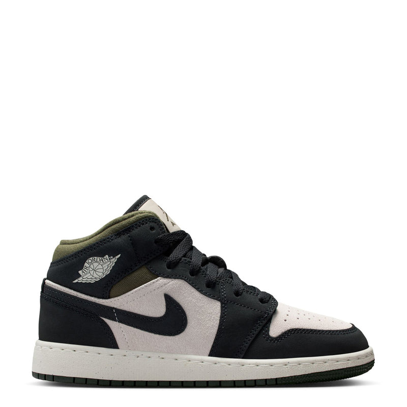 Youth mid-top sneakers, off-white and black with olive heel and side Swoosh logo