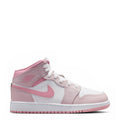 Youth high-top sneaker in white and light pink with pink Swoosh and white laces