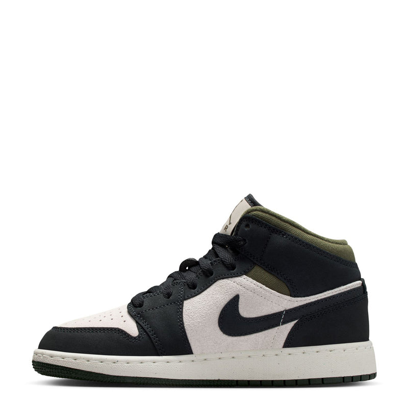 Youth mid-top sneakers, off-white toe with black overlays and olive collar; lace-up