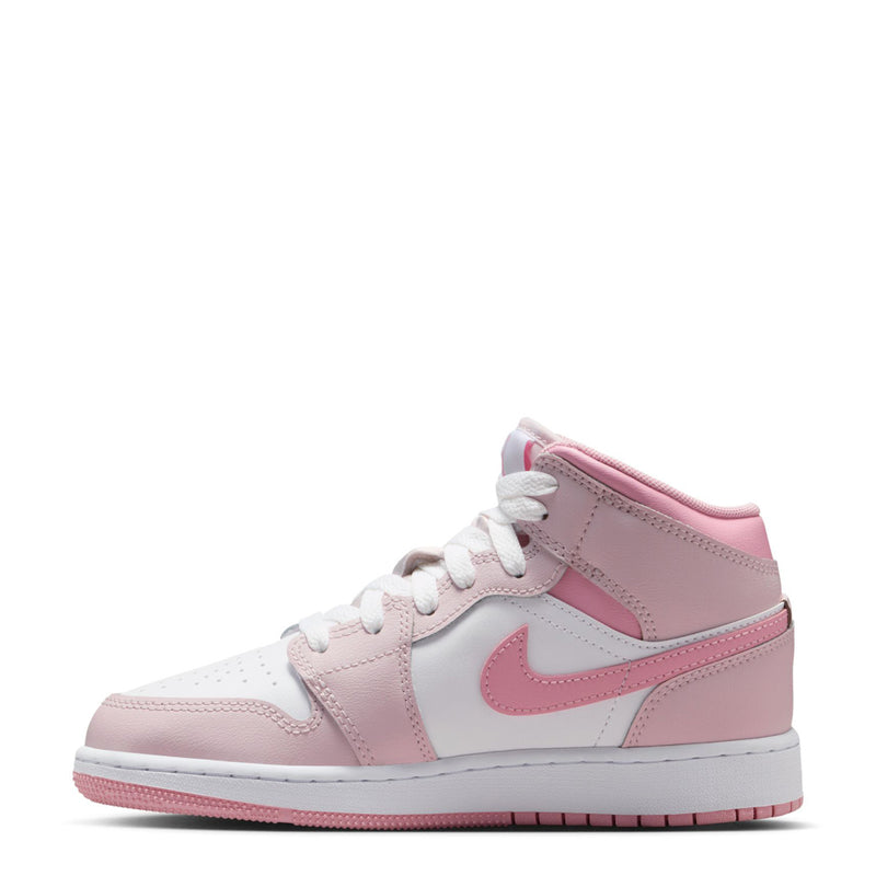 Youth high-top sneaker, side view, white leather with light pink panels and laces