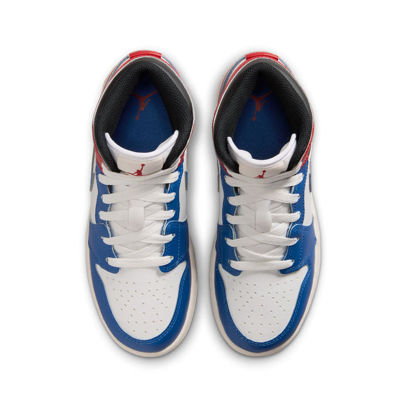 Youth Air Jordan 1 Mid sneakers, top view with white uppers, blue laces, blue toe trim.