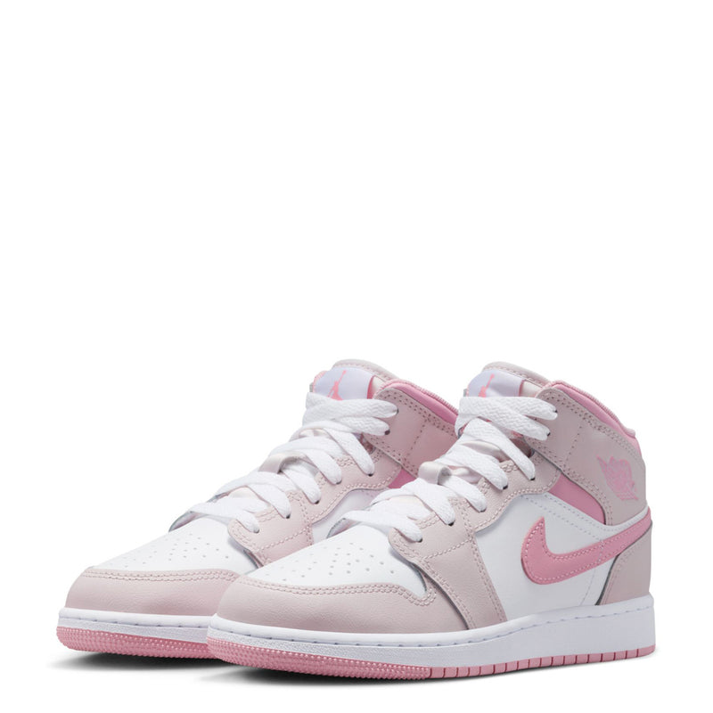 Pair of youth high-top sneakers with white uppers and light pink overlays, lace-up