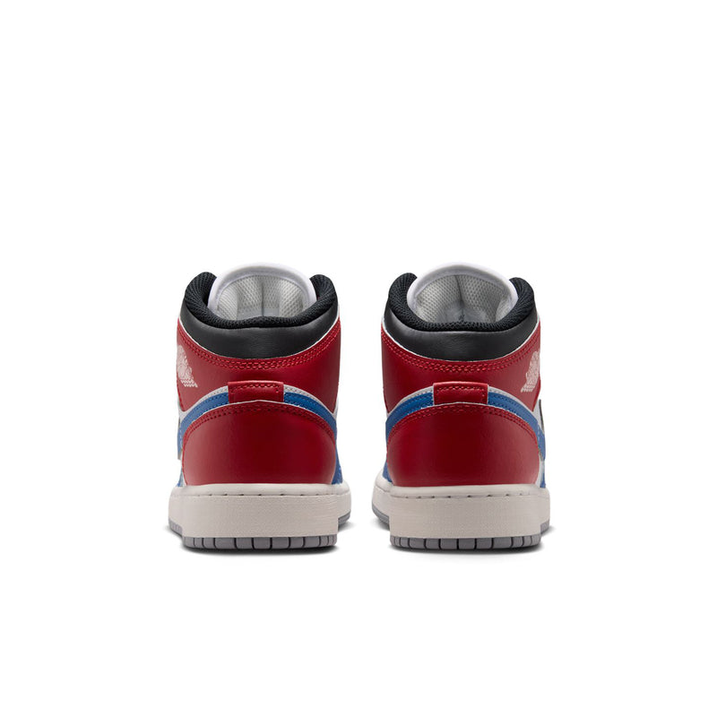 Youth Air Jordan 1 Mid sneakers heel view, red panels with black lining and white midsole.