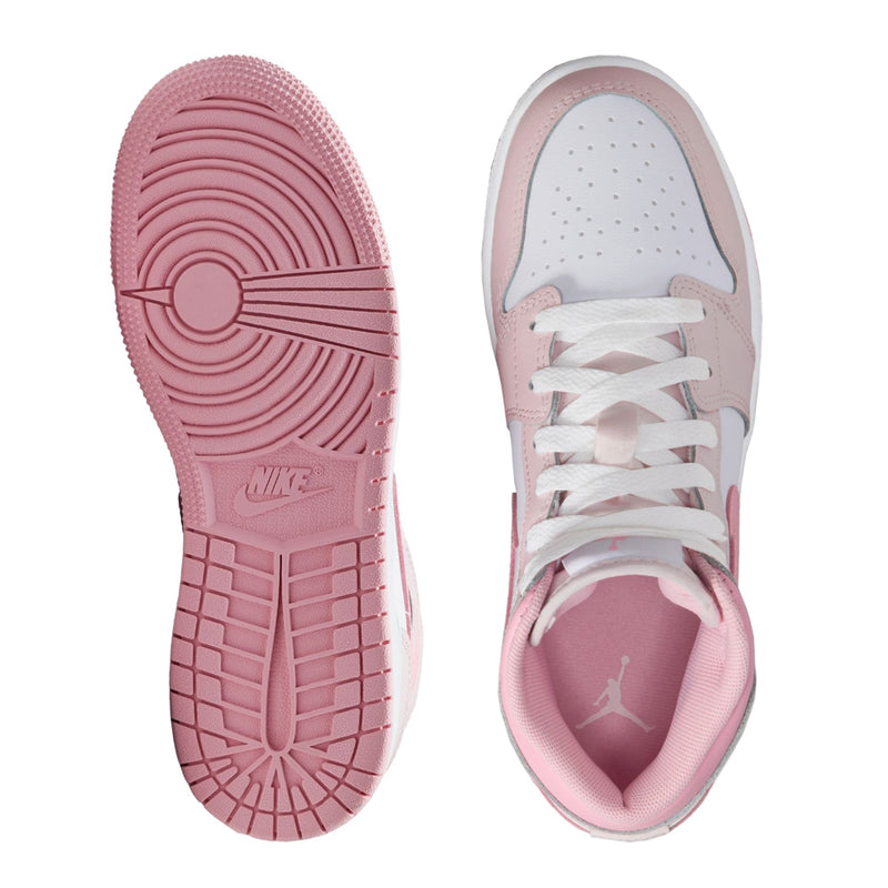 Youth high-top sneakers: pink outsole tread and white top with light pink laces