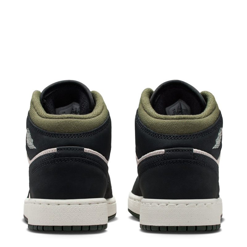 Youth mid-top sneakers, black back heel with off-white midsole edge and olive collar