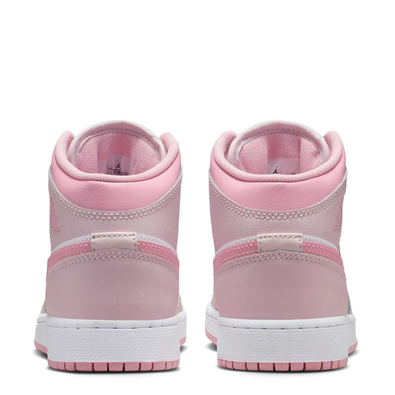 Youth high-top sneaker heel view in white and light pink with padded collar