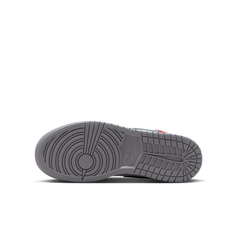 Youth Air Jordan 1 Mid sneakers outsole view with gray rubber traction tread.