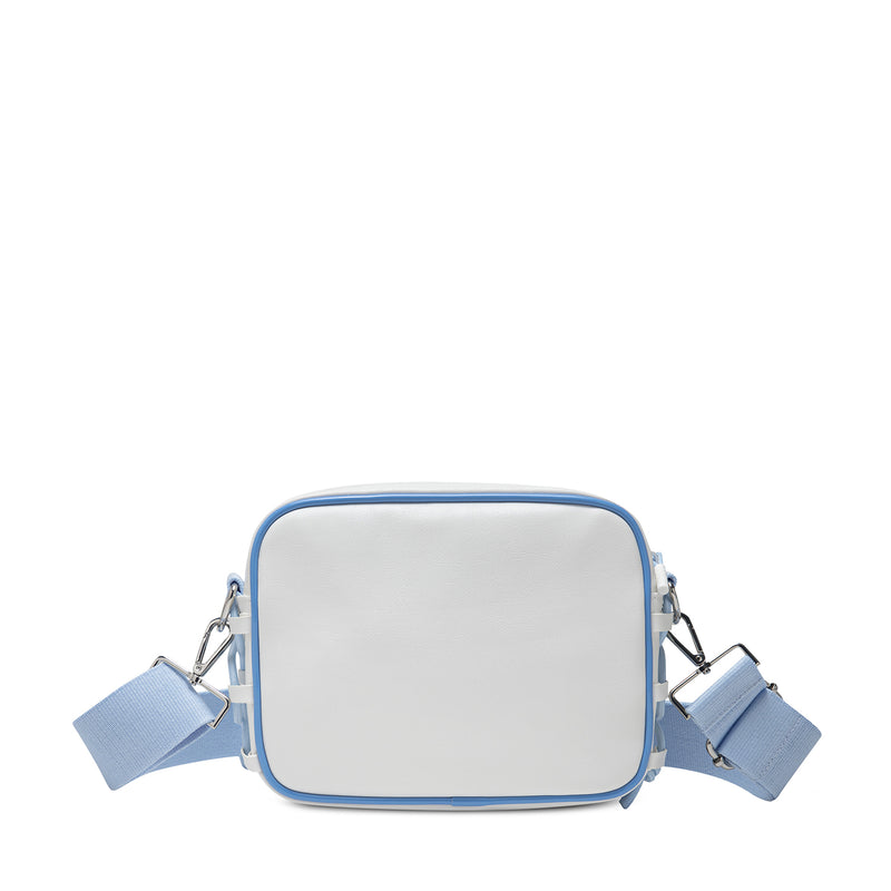 Blue-edged white crossbody bag with front zip closure and two dangling side straps
