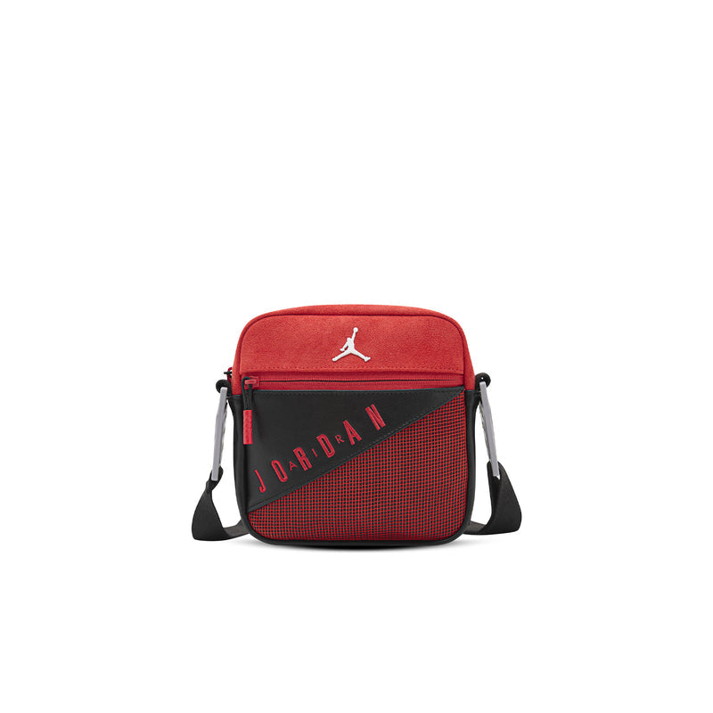 Red and black crossbody bag with front Jordan logo, zipper, and adjustable strap