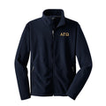 Navy blue jacket with gold lettering on a white background