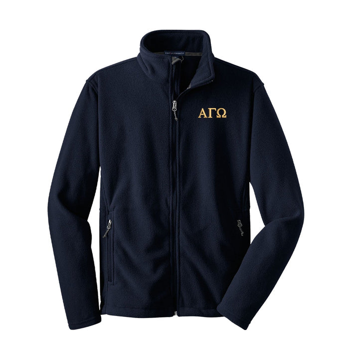 Navy blue jacket with gold lettering on a white background