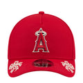 Red baseball cap with white A logo front embroidery and curved red brim.