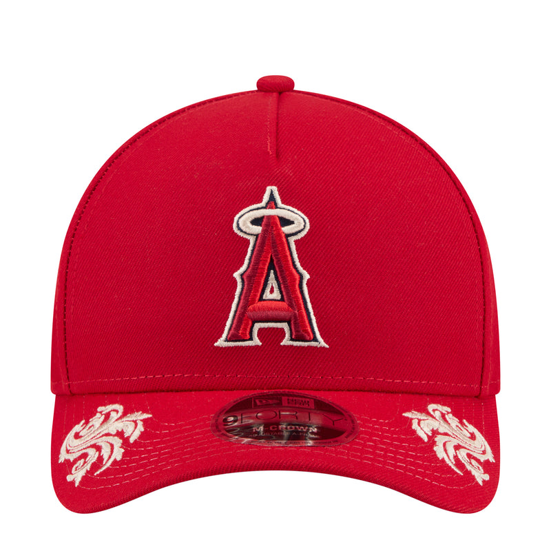 Red baseball cap with white A logo front embroidery and curved red brim.