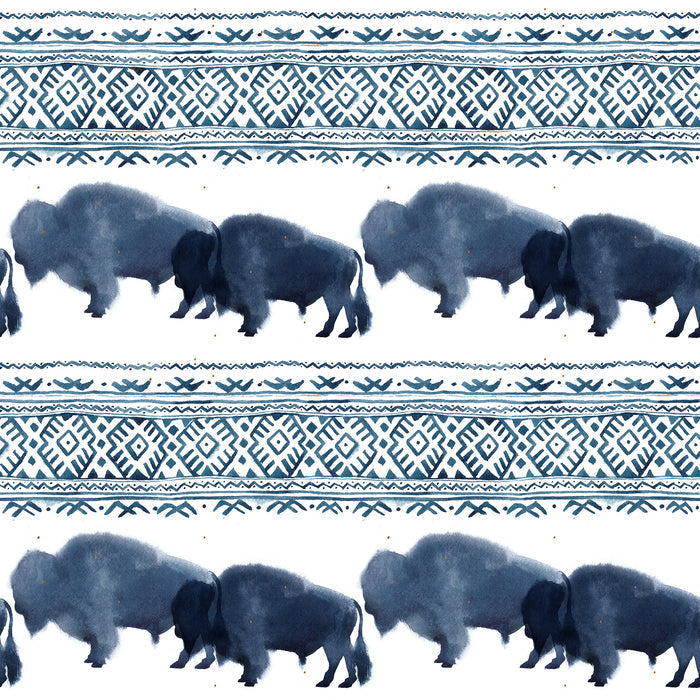 Animal Fabric, Watercolor Buffalo Fabric, Blue Border, Cotton or Fleece 3870 - Beautiful Quilt