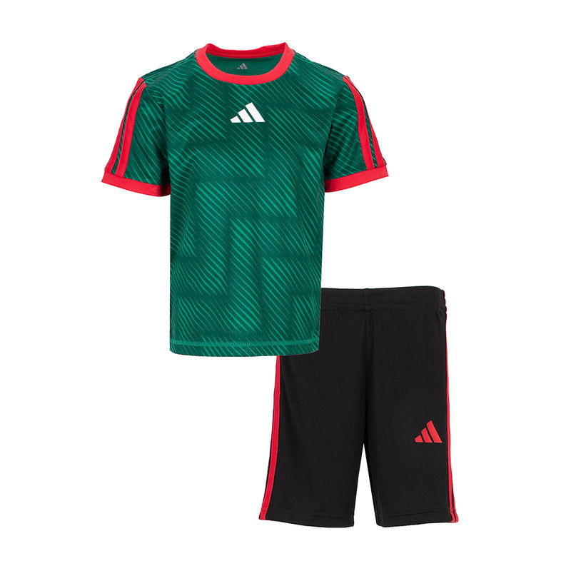 Kids green soccer jersey and black shorts set with red trim; adidas logo details.