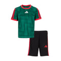 Kids green soccer jersey and black shorts set with red trim; adidas logo details.