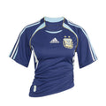 Women's dark blue soccer jersey with light blue shoulder stripes and yellow trim