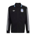 Mens black track jacket with stand collar, zip front, white sleeve stripes and crest