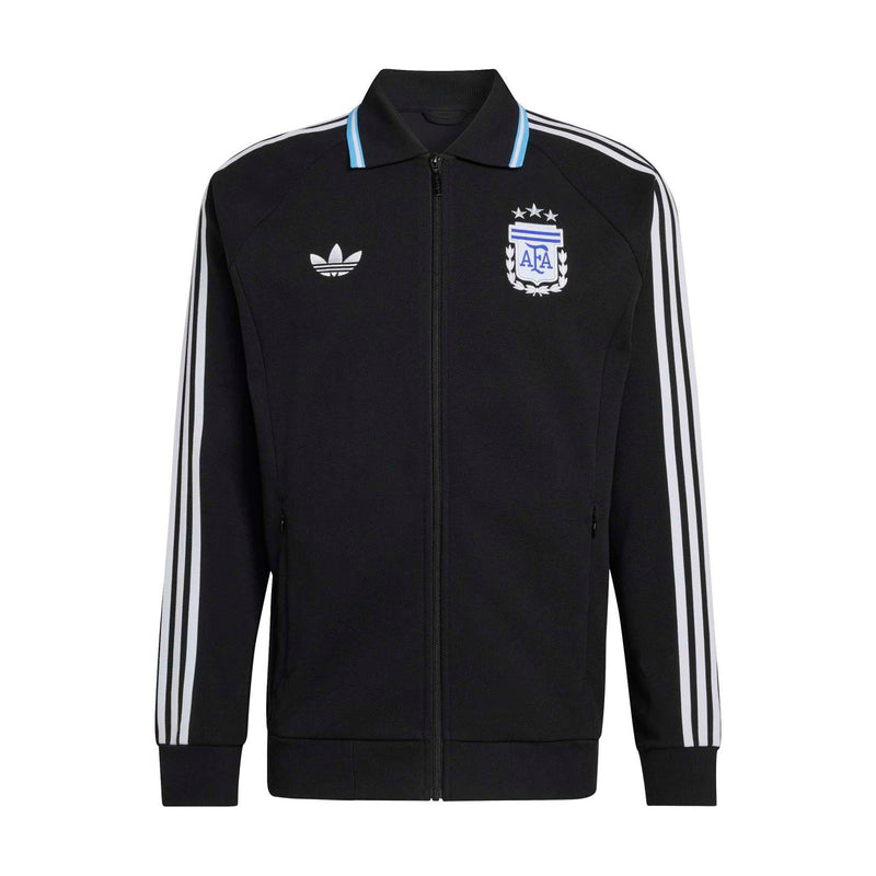 Mens black track jacket with stand collar, zip front, white sleeve stripes and crest
