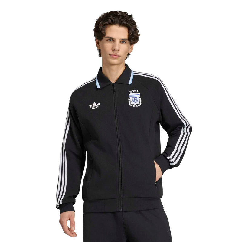 Mens black track jacket with zip front, white side stripes, AFA crest on chest