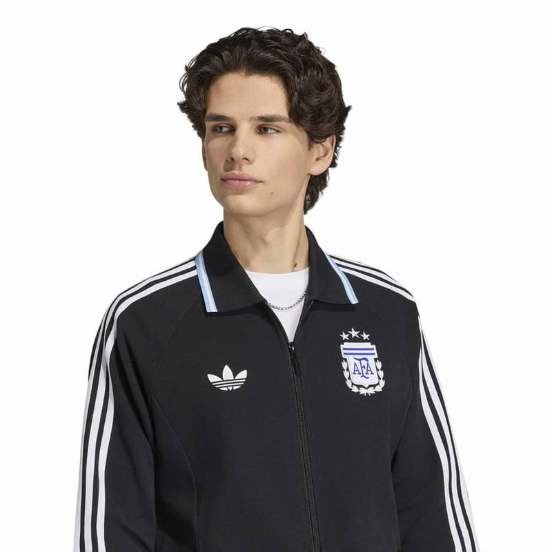 Mens black track jacket with zip front, white adidas logo, AFA crest and stars