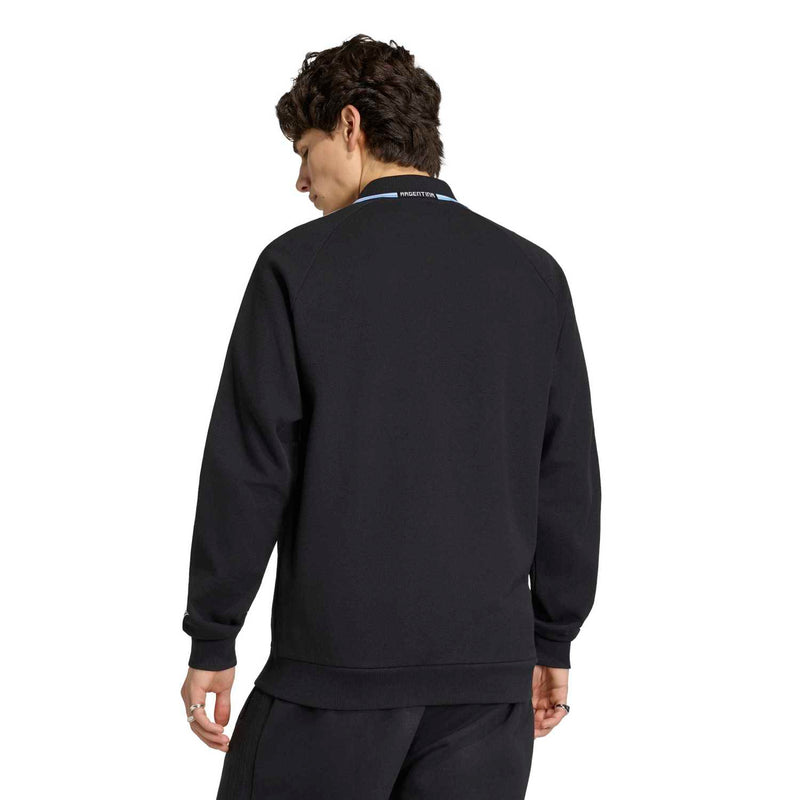 Mens black track jacket back view with zip and three stripe sleeves