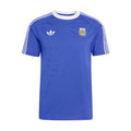 Men's blue soccer T-shirt with white ribbed collar, sleeve stripes, adidas and Argentina logos