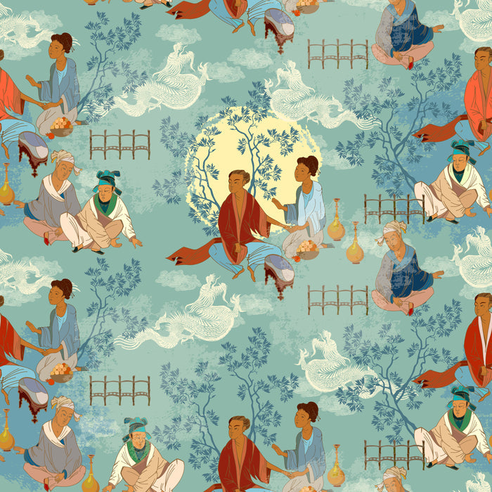 Asian Fabric, Asian Figures on teal with Dragons, Cotton or Fleece, 3815 - Beautiful Quilt