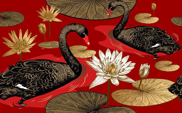 Asian Fabric, Bird Fabric, Black Swan on Red, Cotton or Fleece, 3811 - Beautiful Quilt