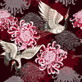 Asian Fabric, Bird Fabric, Crane Fabric and Flowers on Maroon, Cotton or Fleece, 3813 - Beautiful Quilt