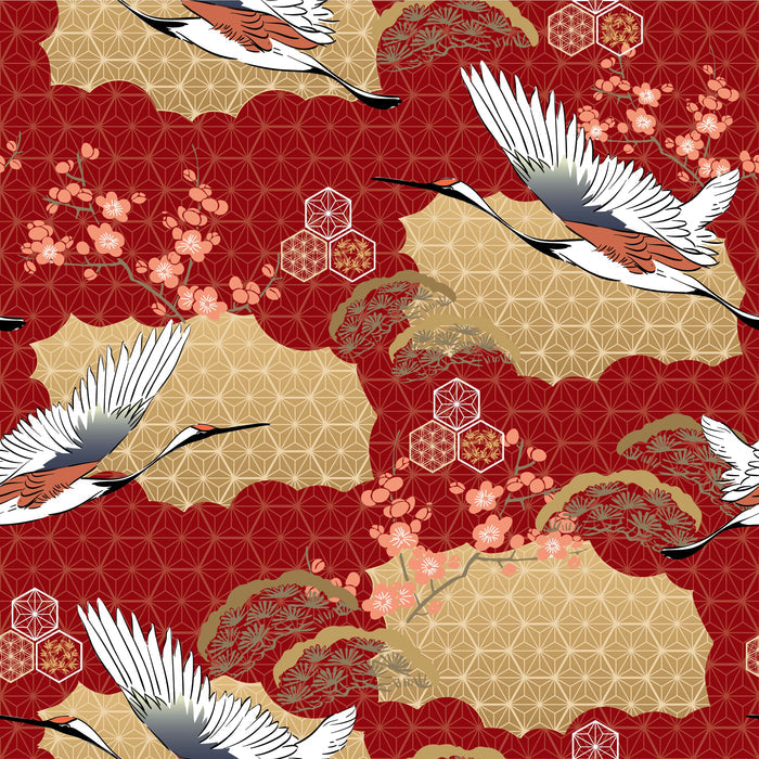 Asian Fabric, Crane Fabric on Red, Cotton or Fleece, 3862 - Beautiful Quilt