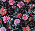 Asian Fabric, Koy Fish on black with pink flowers, Cotton or Fleece, 3817 - Beautiful Quilt