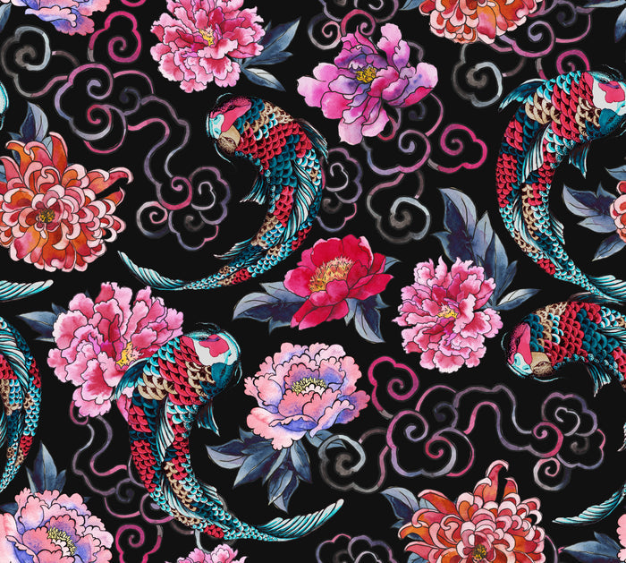 Asian Fabric, Koy Fish on black with pink flowers, Cotton or Fleece, 3817 - Beautiful Quilt
