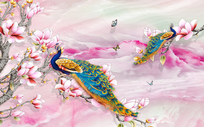 Asian Fabric, Peacock on Fabric Panel on Pink 3850 - Beautiful Quilt