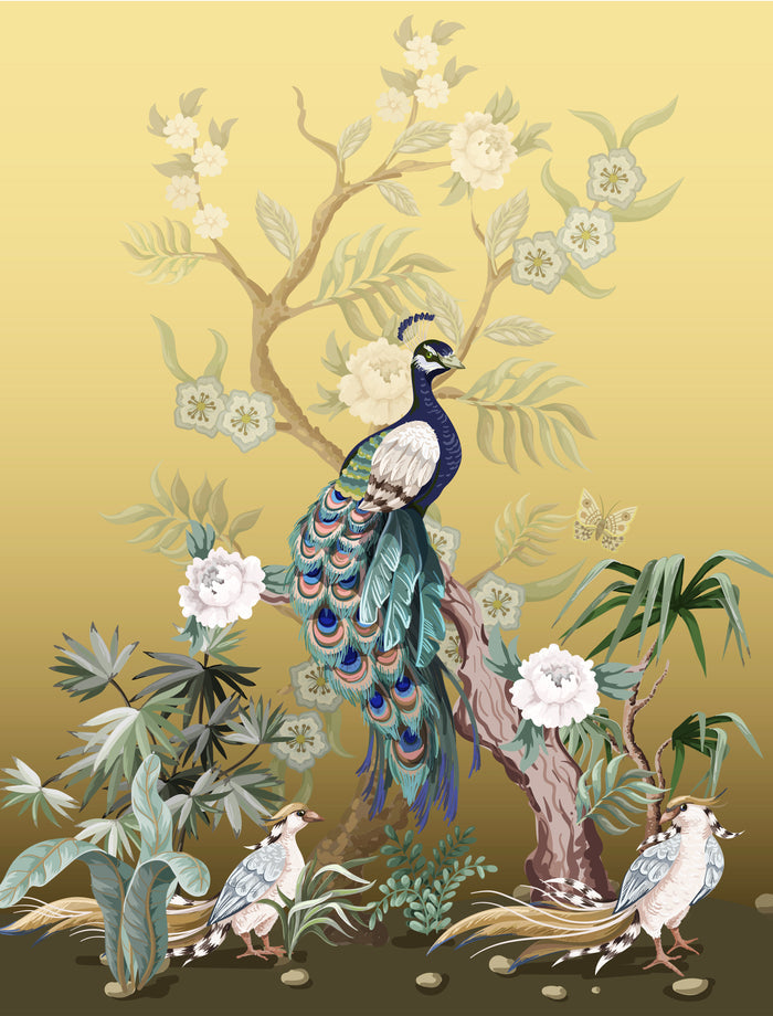 Asian Fabric, Peacock on Gold Fabric Panel 3849 - Beautiful Quilt
